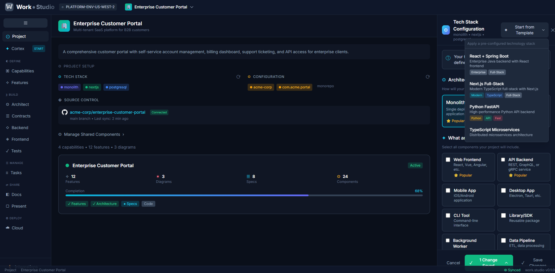 Tech Stack Configuration - Connect GitHub, select architecture, and configure your project